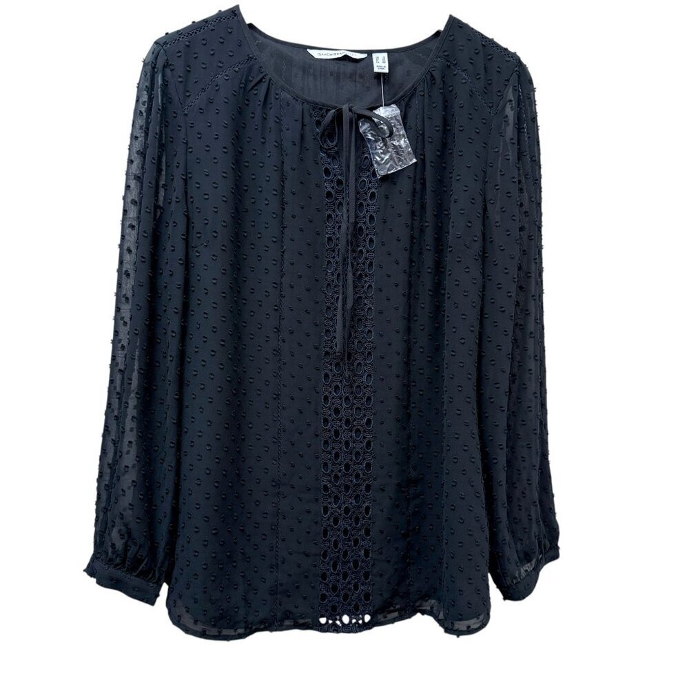 Isaac Mizrahi Live Black Blouse Size 14 Swiss Dot Chiffon Peasant Top NEW